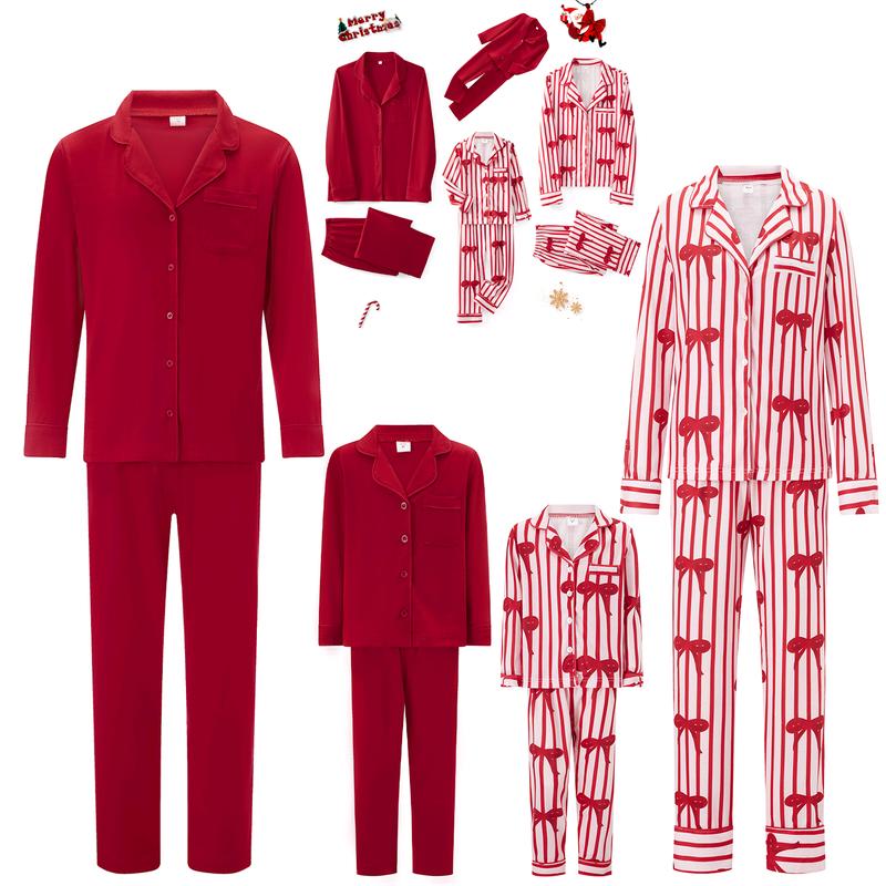 New Red Family Matching Pajama Set Lapel Neck Button-up Long Sleeve Tops Long Pants 2-Piece Bow Solid Color Loungewear Outfit