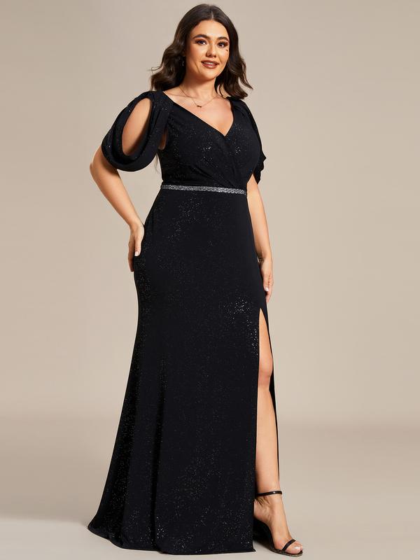 Ever-Pretty Cold Shoulder Puff Sleeve Shiny Belt Backless Glitter Evening Dress