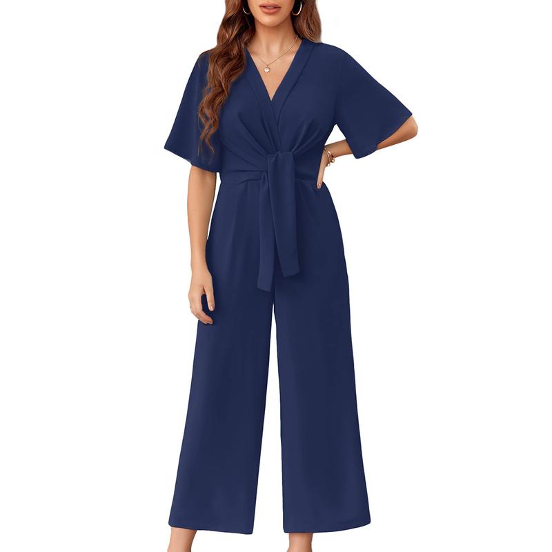 Tankaneo Womens Wide Leg Jumpsuits Short Sleeve Tie Knot Front Summer Long Romper