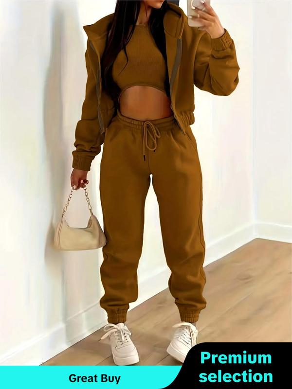 Women's Solid Pants Set, Casual Round Neck Crop Top & Drawstring Waist Pants & Zipper Hoodie, Outfit Sets for Women, Fall Outfits, Please Purchase A Size Up, Fall Outfits, Fallfreshness