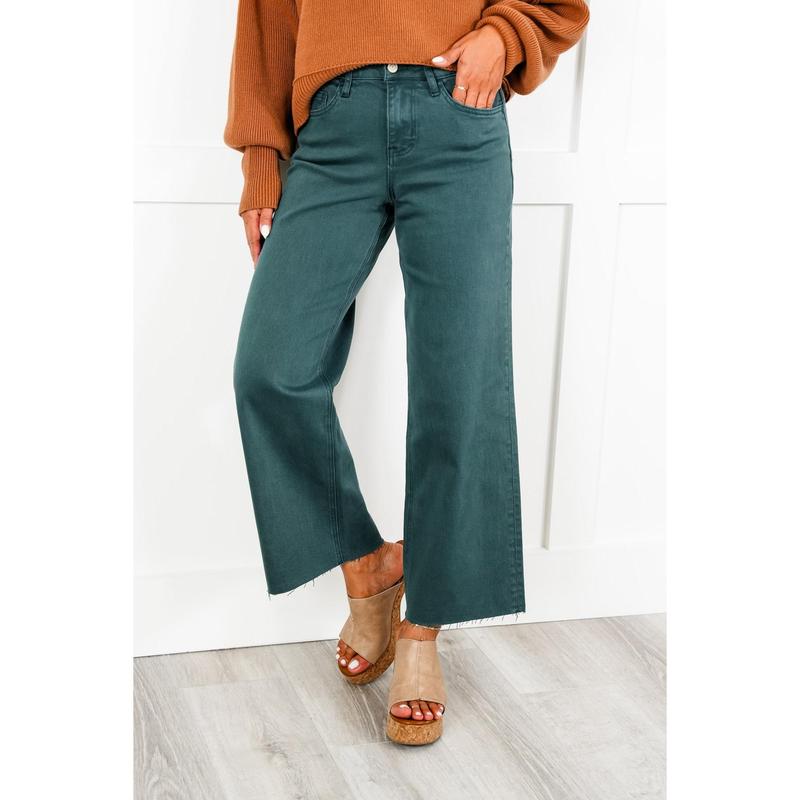 Veret High Rise Green Cropped Wide Leg Jeans