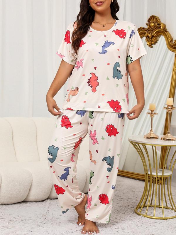 Plus Size Two-Piece Set Cartoon Dinosaur Print Tee & Pants & Eye Mask Pyjama Set, Casual Short Sleeve T-shirt & Trousers & Eye Cover, Women's Summer Sleepwear