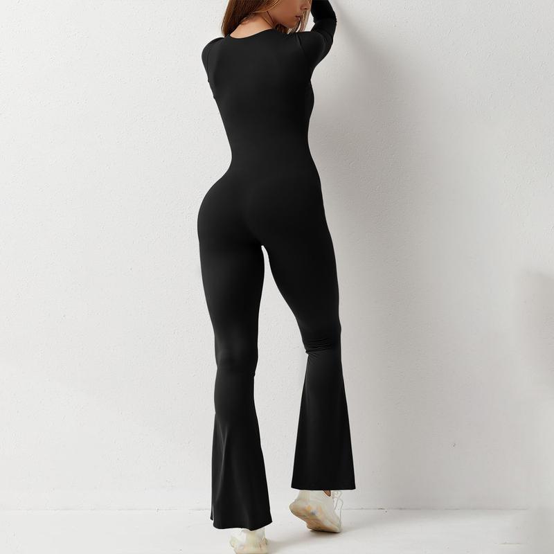 Women Jumpsuit, Long Sleeve Square Neck Solid Slim Fit Ladies Fall Romper Clubwear