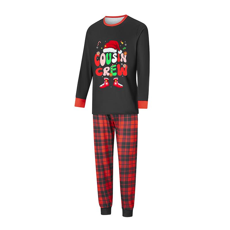 Black Red Matching Christmas Pajamas For Family Letter Santa Hat Print Long Sleeve Tops and Black Red Plaid Pants Sleepwear