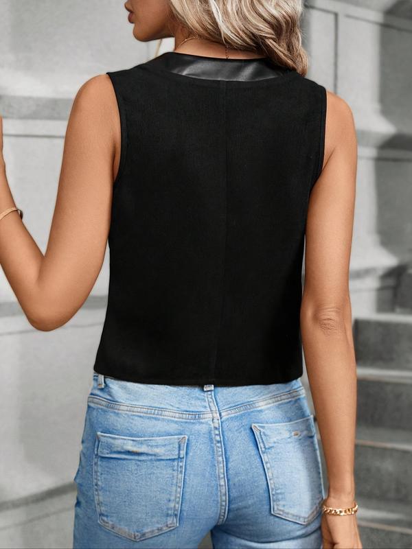 Women's Solid Button Front V Neck Waistcoat, Casual Fashion Contrast PU Leather Vest Jacket for Summer, Ladies Clothes for Daily Wear