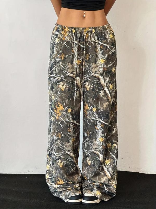 Women's Camo Print Drawstring Waist Wide Leg Pants, Casual Pocket Trousers for Daily Wear, Ladies Bottoms for All Seasons