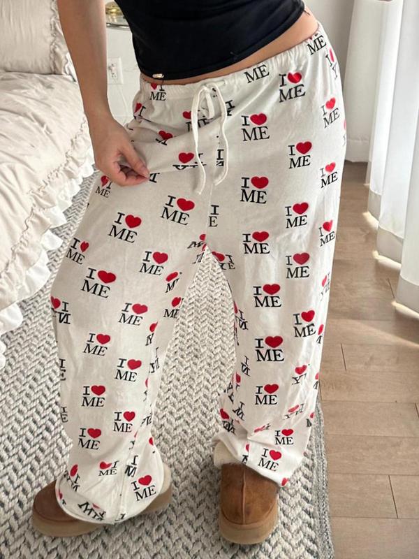 Women's Heart & Letter Print Tie Front Pants, Casual Comfy Elastic Waist Trousers for Daily Wear, Ladies Bottoms for Fall & Winter