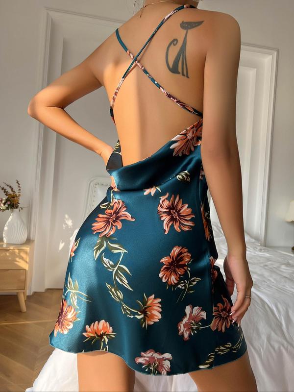 Women's Floral Print Criss Cross Draped Cami Nightdress, Sleeveless Spaghetti Strap Backless Nightgown, Summer Sleepwear for Women