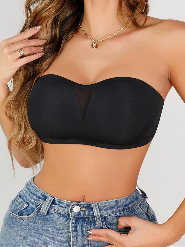 Women's Solid Contrast Mesh Sheer Wireless Strapless Bra with Transparent Detachable Strap, Push Up Bra, Casual Comfortable Breathable Push up Lingerie Top for Daily Wear, Lingeries for All Seasons