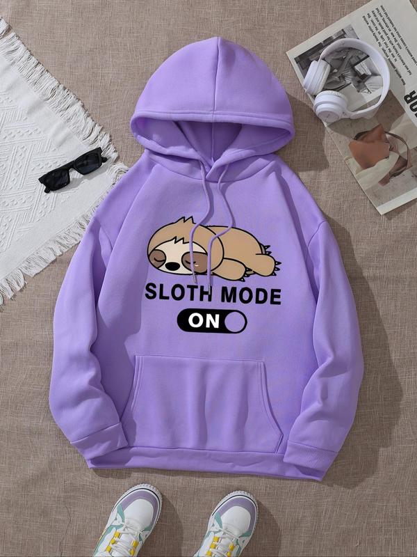 Women's Cartoon Sloth Graphic Print Drawstring Pocket Hoodie, Casual Drop Shoulder Long Sleeve Hooded Sweatshirt, Lady Fall & Winter Clothes for Daily Wear