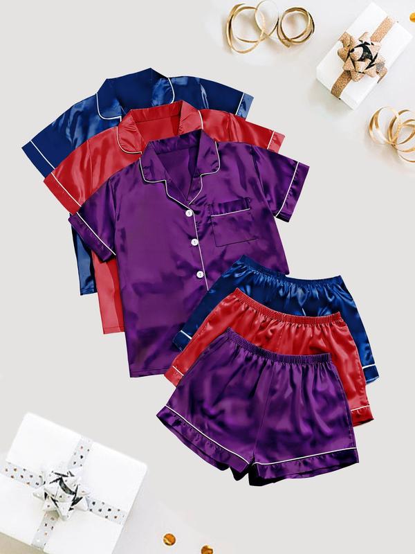 6 Pieces Women's Solid Satin Pyjama Set, Short Sleeve Button Front Lapel Shirt & Contrast Binding Shorts Pj Set, Summer Sleepwear Set, Back To School Pajama Sets Women