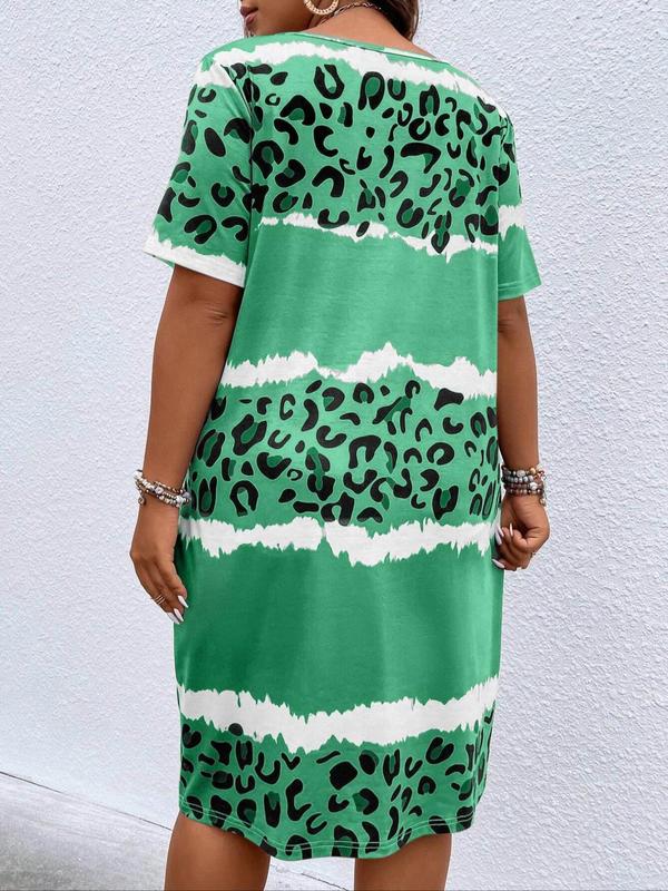  Leopard Patchwork Print V Neck Short Sleeve T-shirt Dress, Lady Muumuu Dress, Dresses for Women, Summer Dresses 2024, Fashion Comfort Knee Length Tee Dress for Summer Daily Holiday, Back-to-school Clothing, Plus Size Women's Clothing