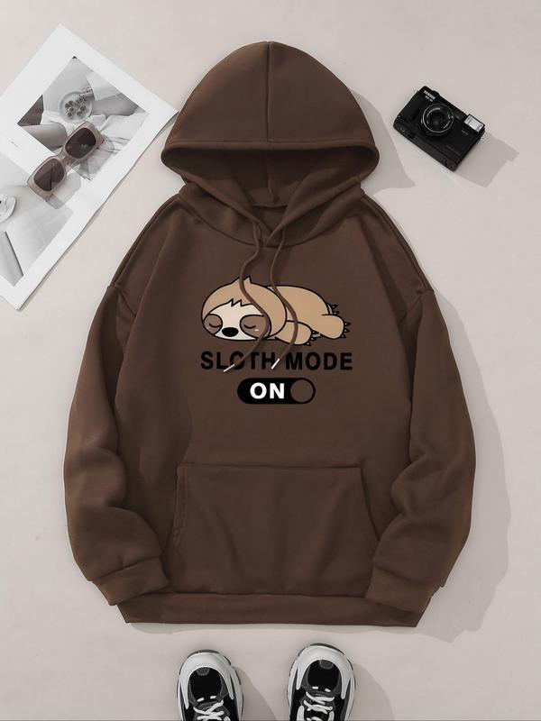 Women's Cartoon Sloth Graphic Print Drawstring Pocket Hoodie, Casual Drop Shoulder Long Sleeve Hooded Sweatshirt, Lady Fall & Winter Clothes for Daily Wear