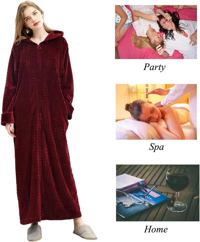 Long Hooded Zipper Bathrobe for Womens Flannel Fleece Robes Winter Warm Housecoat Nightgown Sleepwear Pajamas