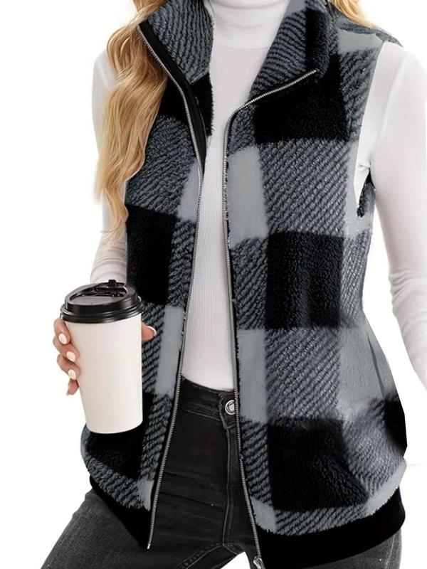 Women's Plaid Print Zip Up Funnel Neck Vest, Casual Pocket Sleeveless Outerwear for Fall & Winter, Ladies Clothes for Daily Wear