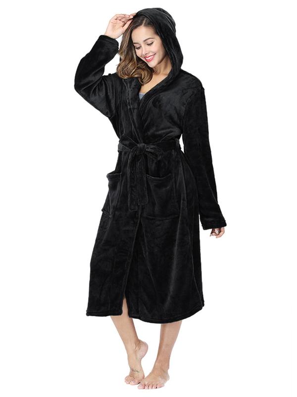 Women's Solid Drop Shoulder Belted Hooded Flannel Robe, Casual Long Sleeve Pocket Design Bathrobe, Ladies Fall & Winter Sleepwear, Fall Wear, Fallfreshness