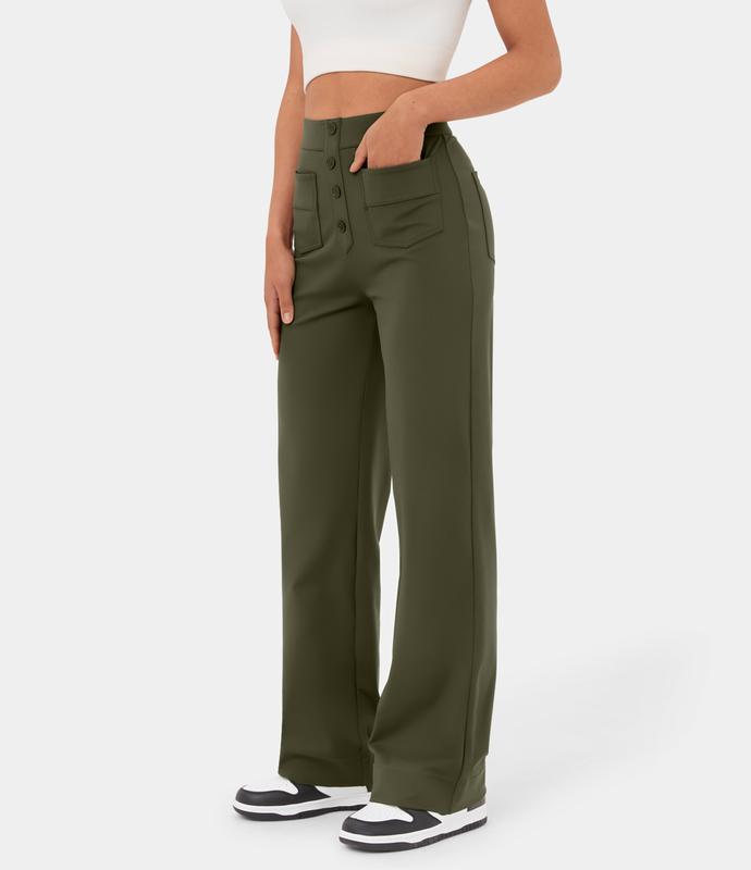 Halara High Waisted Button Multiple Pockets Straight Leg Casual Pants