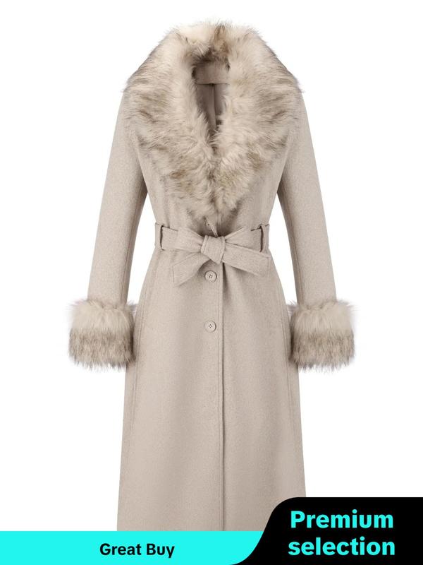 Women's Solid Button Front Belted Faux Fur Trim Wool & Pea Coat, Casual Long Sleeve Pocket Outerwear with Fur Collar, Winter Clothes Women 2024, Women's Clothing for Fall & Winter