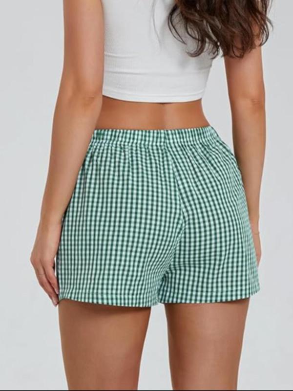 Women's Plaid Print Button High Waist Shorts, Casual Comfy Elastic Waist Wide Leg Shorts for Summer, Fashion Women's Bottoms for Daily Wear