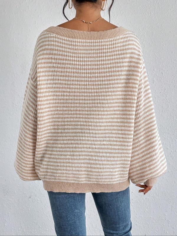 Women's Striped Drop Shoulder Sweater, Y2k Casual Bishop Sleeve Boat Neck Jumper for Daily Outdoor Wear Back To School, Sweaters for Women, Ladies Knitwear for Fall, Fall Outfits, Fallfreshness, Preppy 80s Clothes