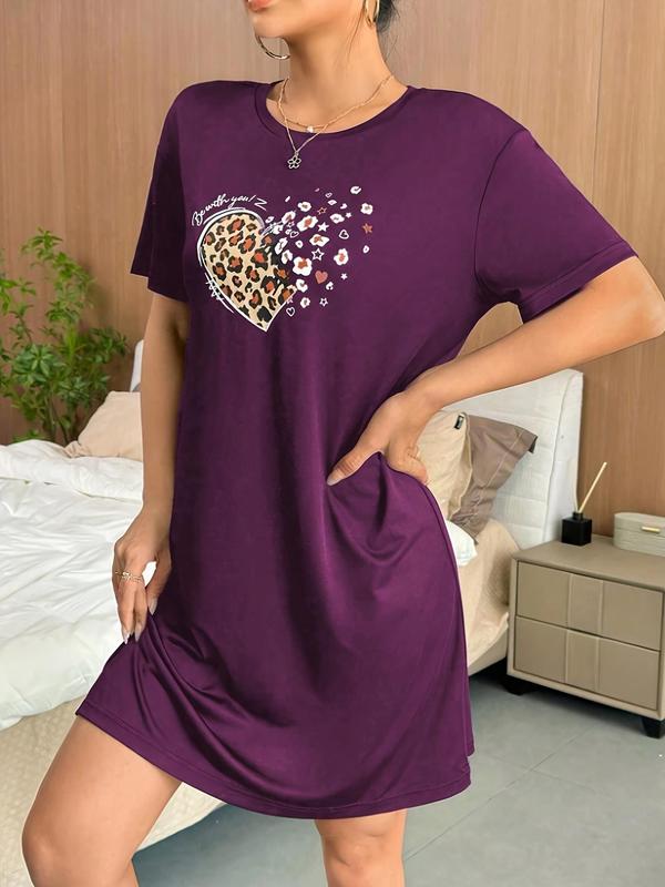 Women's Leopard Heart Print Round Neck Tee Nightdress, Casual Comfortable Short Sleeve Nightgown for Daily Home Wear, Ladies Sleepwear for All Seasons