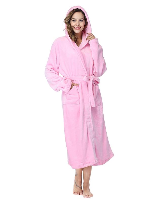 Women's Solid Drop Shoulder Belted Hooded Flannel Robe, Casual Long Sleeve Pocket Design Bathrobe, Ladies Fall & Winter Sleepwear, Fall Wear, Fallfreshness