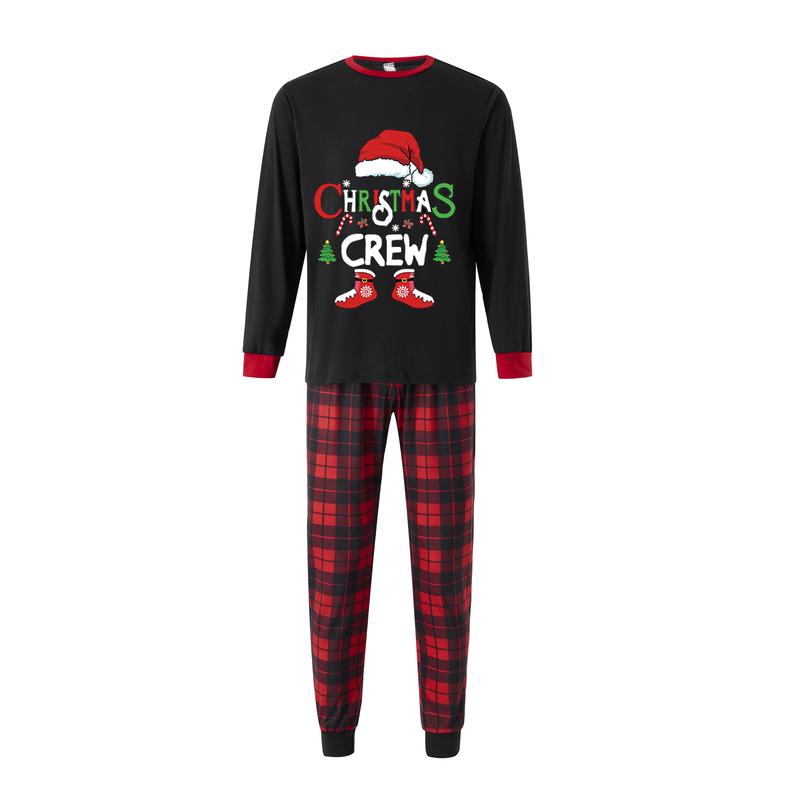 Hot New Black Christmas Family Pajamas Matching Set, Long Sleeve Letters Print T-shirt with Plaid Pants Sleepwear Loungewear