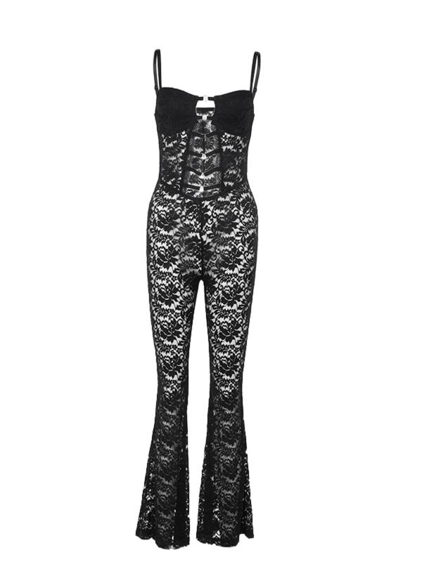 Women's Grommet Eyelet Lace Cami Jumpsuit, Chic Adjustable Spaghetti Strap Jumpsuit for Party Club Dating, Ladies Clothes for All Seasons