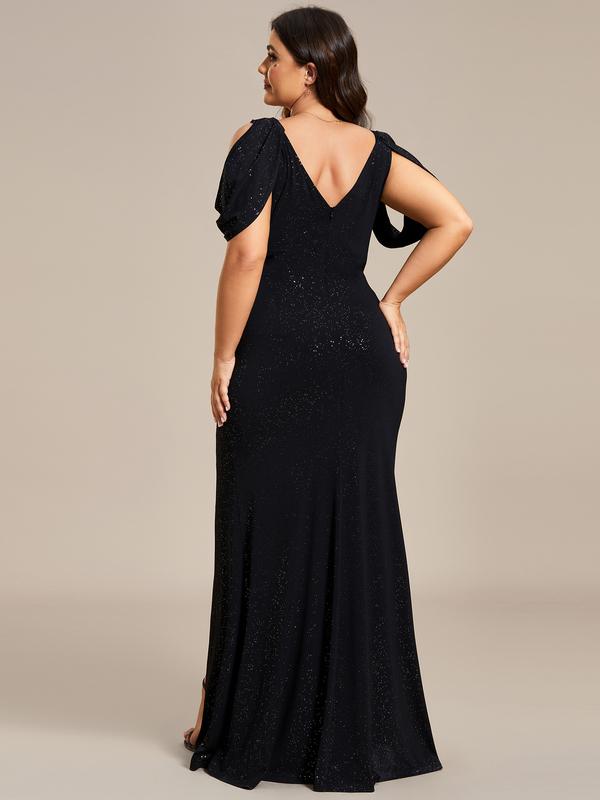 Ever-Pretty Cold Shoulder Puff Sleeve Shiny Belt Backless Glitter Evening Dress