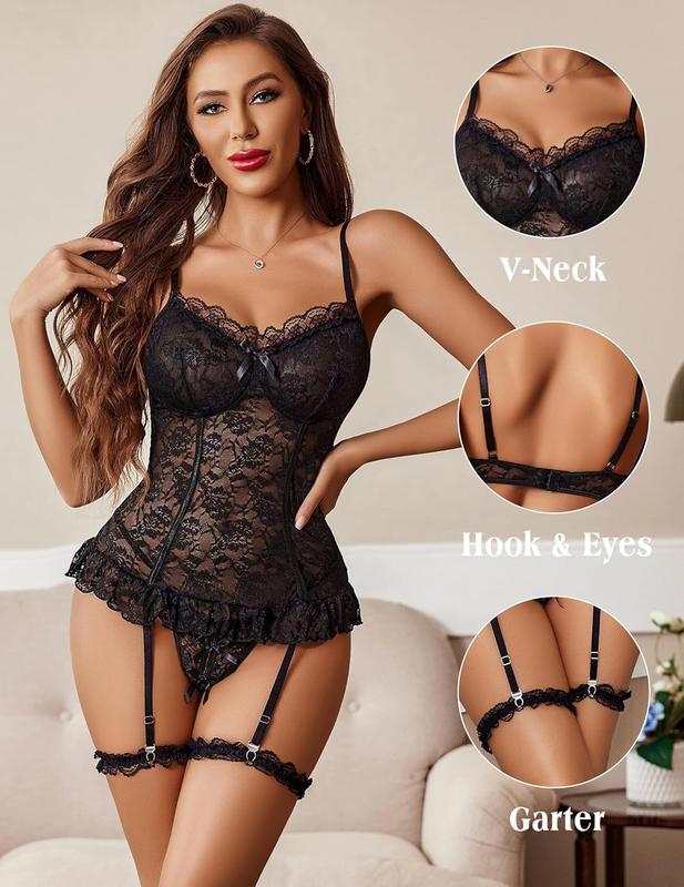 Lingerie for Women Lace Babydoll Dress Garter Nightgown V Neck Chemise Nighty