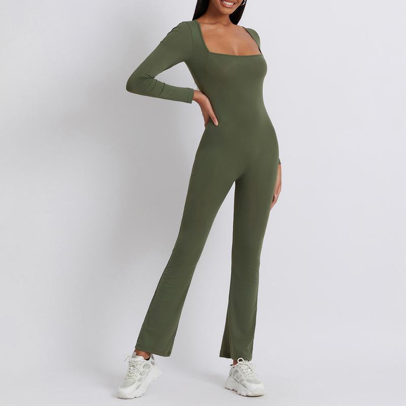 Women Jumpsuit, Long Sleeve Square Neck Solid Slim Fit Ladies Fall Romper Clubwear