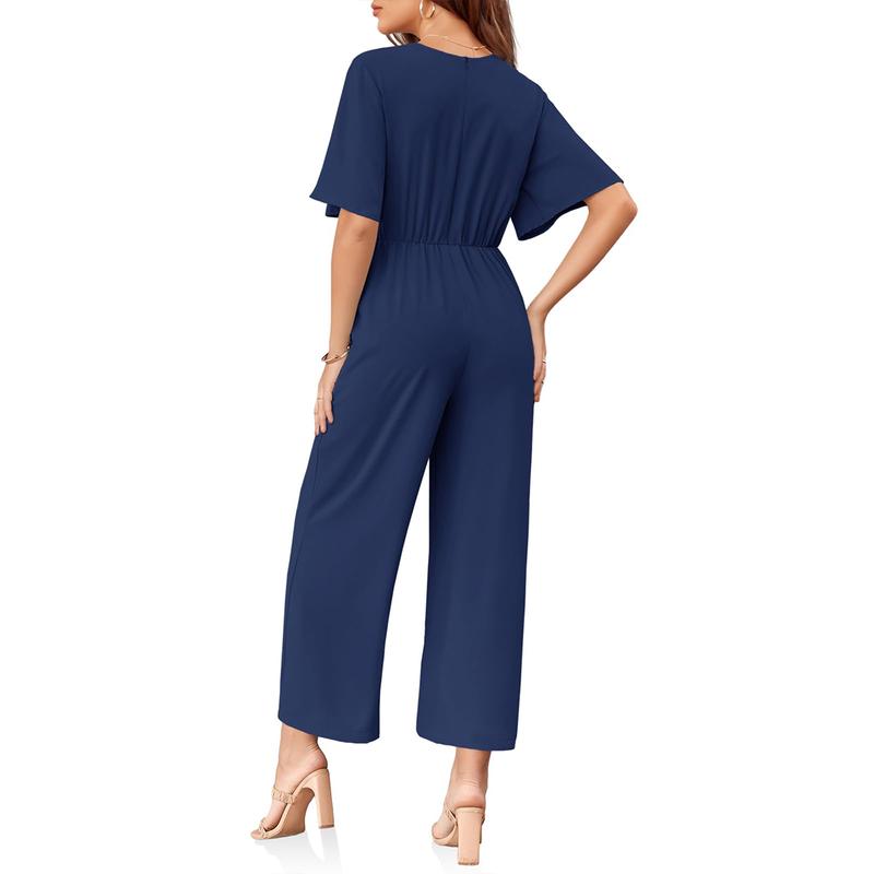 Tankaneo Womens Wide Leg Jumpsuits Short Sleeve Tie Knot Front Summer Long Romper