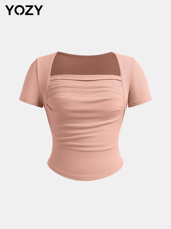 YOZY [3 colors] Plain Ruched Square Neck Tee, Casual Short Sleeve Ribbed T-Shirt, 2024 Women's Summer Outfits for Daily Wear, Back To School Outfits