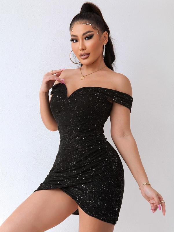 Women's Glitter Sequin off Shoulder Ruched Wrap Sleeveless Bodycon Dress, Summer Clothes Women, Chic Elegant Sparkly Mini Party Evening Gown, Ladies Summer Clothes, Lady Formal Wear, Comfort Basic Minimalist Womenswear