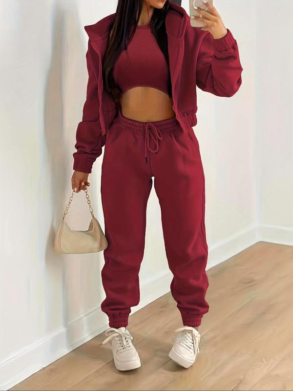 Women's Solid Pants Set, Casual Round Neck Crop Top & Drawstring Waist Pants & Zipper Hoodie, Outfit Sets for Women, Fall Outfits, Please Purchase A Size Up, Fall Outfits, Fallfreshness