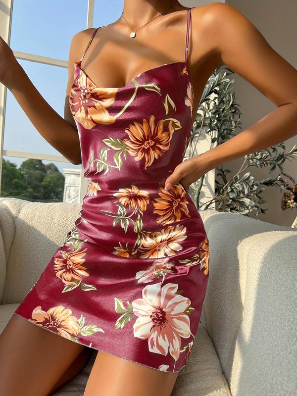 Women's Floral Print Criss Cross Draped Cami Nightdress, Sleeveless Spaghetti Strap Backless Nightgown, Summer Sleepwear for Women