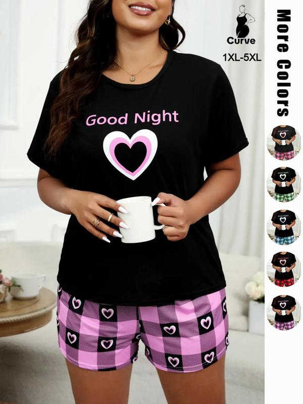 Two Six Pieces Plus Size Heart & Plaid Print Pajama Set, Casual Round Neck Short Sleeve T-shirt & Shorts Pj Set, Summer Sleepwear & Loungewear, Plus Size Women's Clothing, Women's Nightwear, Summer Wear 2024