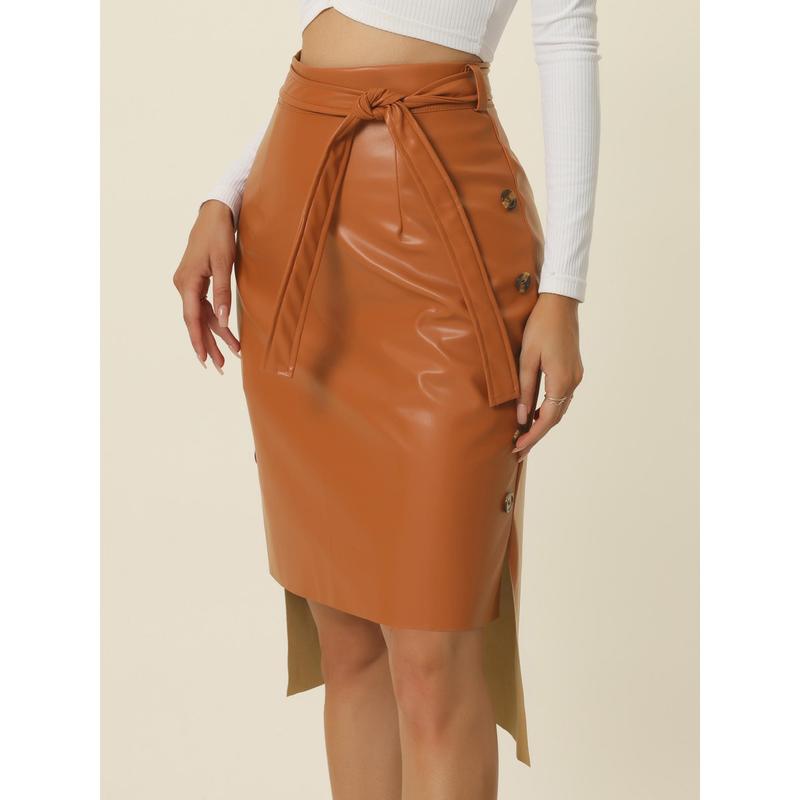 Seta T High Low Belted High Waist Side Button Decor Fall Winter Leather Skirt Caramel