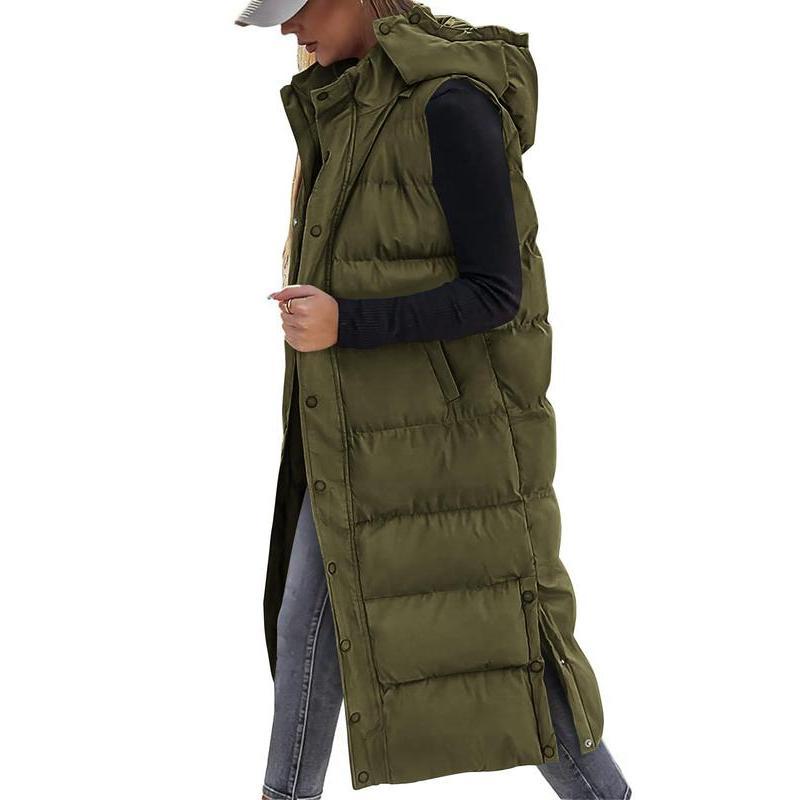 Women's Long Puffer Vest with Quilted Hood and Button Down Closure for Winter Coat 2024 - Tops, Womenswear