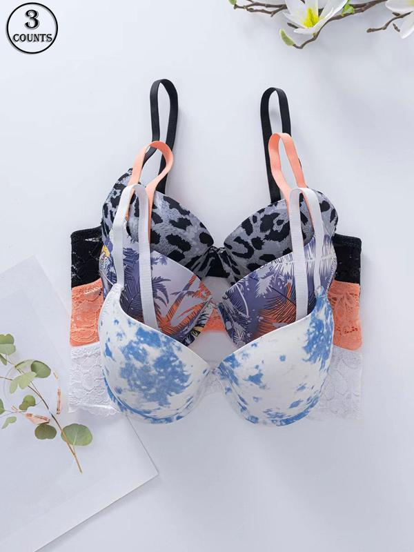 Women's All Over Print Contrast Lace Push Up Bra, Elegant Adjustable Strap Underwire Bra, Soft Comfortable Breathable Lingerie for All Seasons