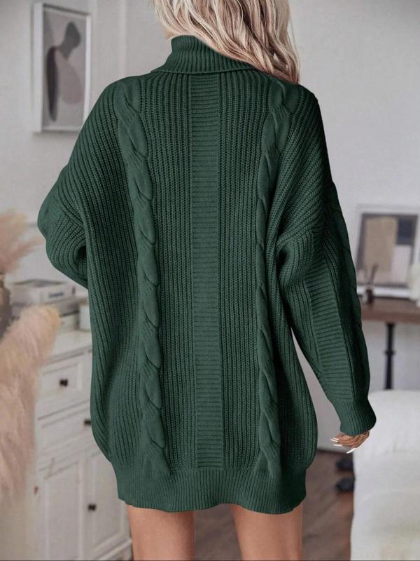 Women's Plain Drop Shoulder Cable Knit Sweater Dress, Casual Long Sleeve High Neck Jumper Dress for Fall & Winter, Women's Knitwear for Daily Wear