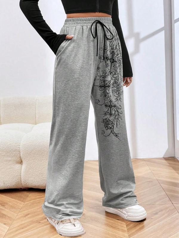 Women's Cross & Floral Print Tie Front Sweatpants, Sweatpants for Women, Punk Fashion Casual Pocket Straight Leg Trousers for Daily Wear, Ladies Bottoms for All Seasons