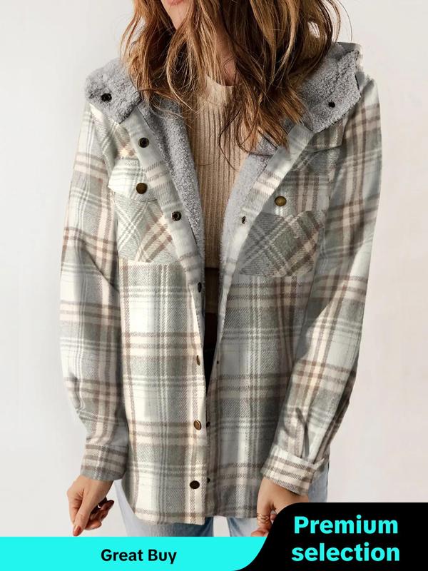 Women's Plaid Print Button Front Thermal Lined Hooded Coat, Fall Outfits, Casual Long Sleeve Pocket Outerwear for Winter, Ladies Clothes for Daily Wear