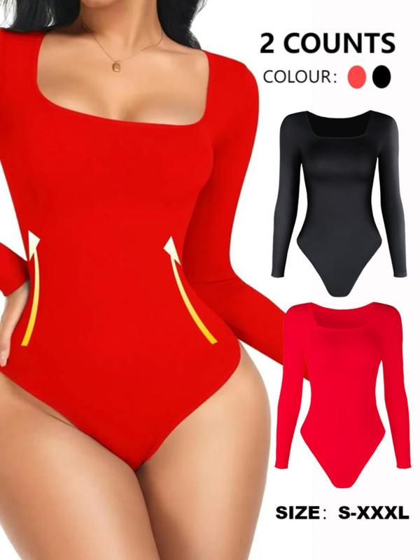 Women's Solid Long Sleeve Square Neck Shapewear Bodysuit, Casual Comfy Tummy Control Butt Lift Shaper, Ladies Shapewear for Daily Wear