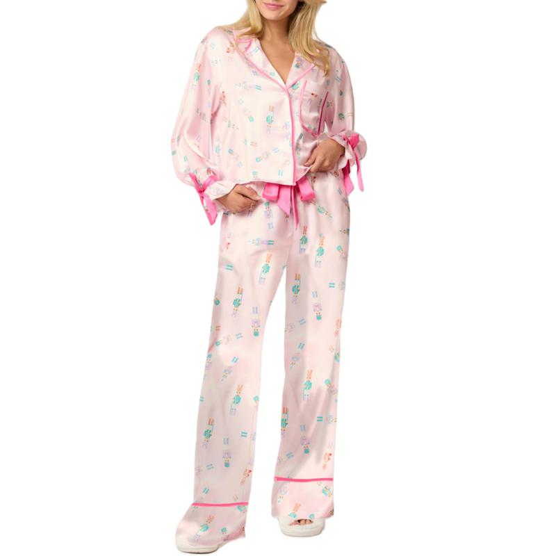 Christmas Pajamas for Women Bow Tie Long Sleeve Shirt Pants Satin Silk Funny Graphic Two Piece Pjs Set Sleepwear