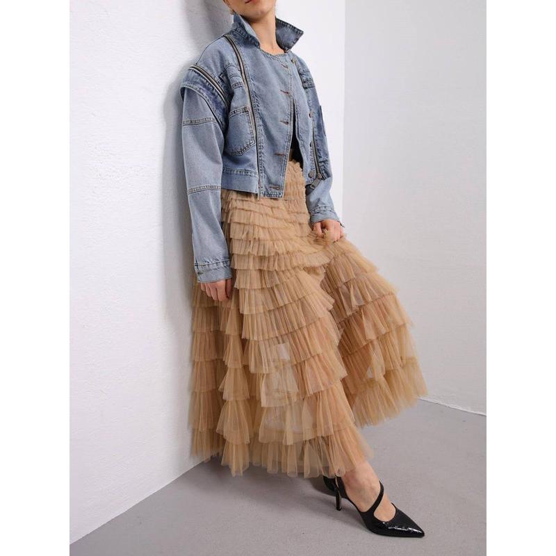 Women's Long Skirt Multilayer Mesh Pleated High Waist High Stretch Elegant Solid Color Cake Skirt Fashion Light