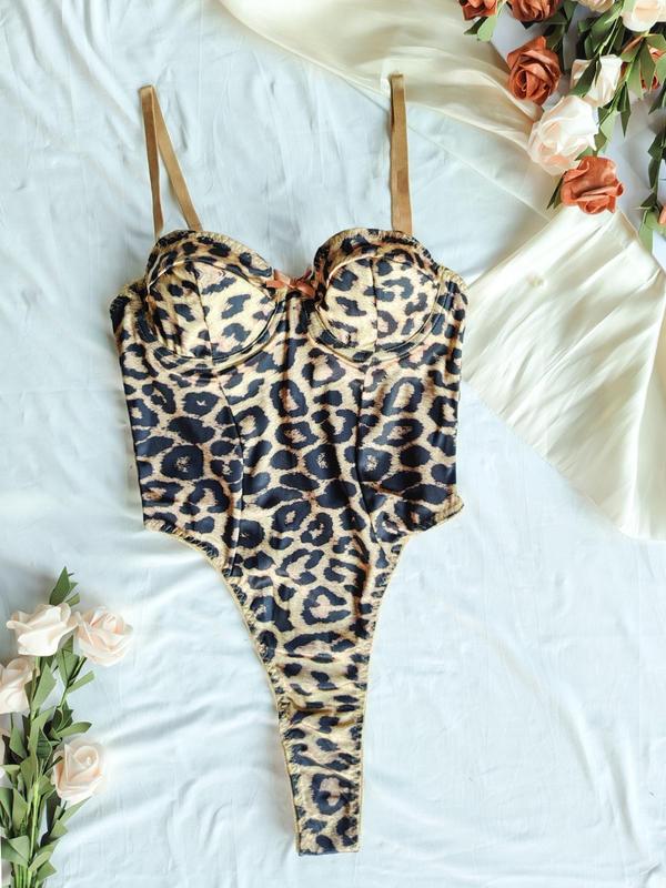 Women's Leopard Print Bow Decor Lingerie Bodysuit, Comfy Breathable Sexy Bodysuit for Daily Wear, Women's Underwear for All Seasons