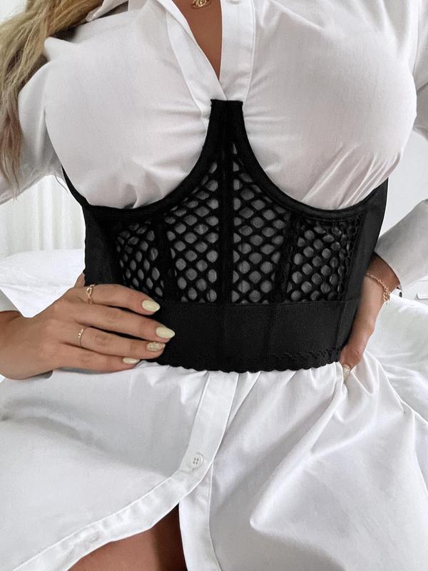 Plus Size Sexy Hollow Out Contrast Mesh Corset, Hook & Eye Design Breathable Comfortable Waist Trainer, Women's Shapewear for All Seasons