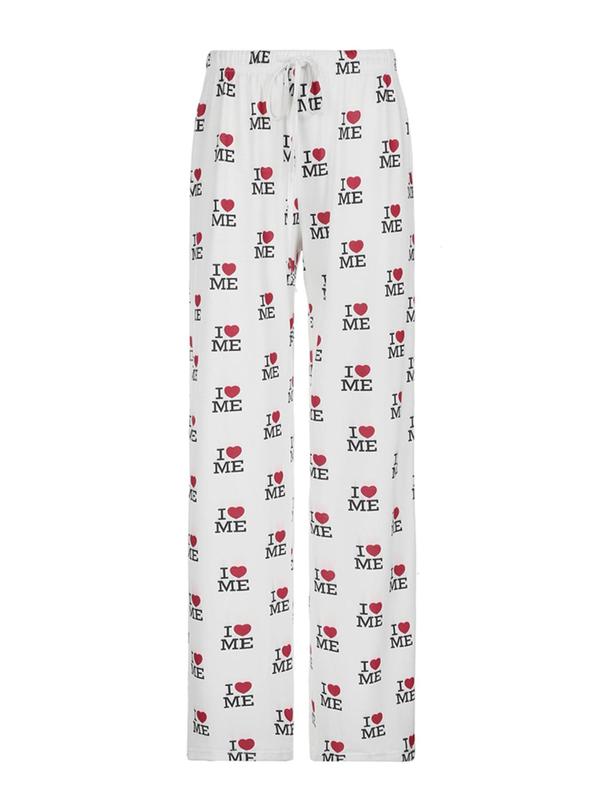 Women's Heart & Letter Print Tie Front Pants, Casual Comfy Elastic Waist Trousers for Daily Wear, Ladies Bottoms for Fall & Winter