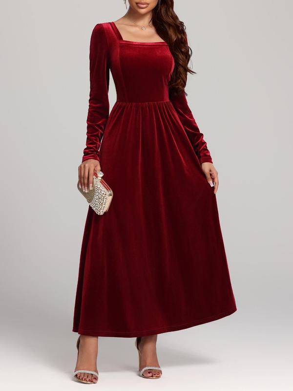 Women's Solid Backless Velvet Dress, Elegant Solid Color Long Sleeve Maxi Dress for Party Holiday Wedding Guest, Ladies Clothes for All Seasons